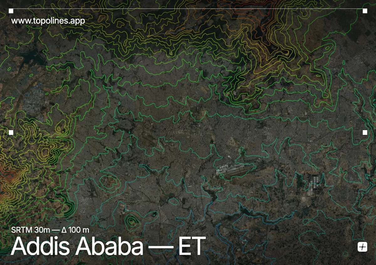 Topographic contour map of Addis Ababa, showing Entoto Mountains, Ethiopian Highlands