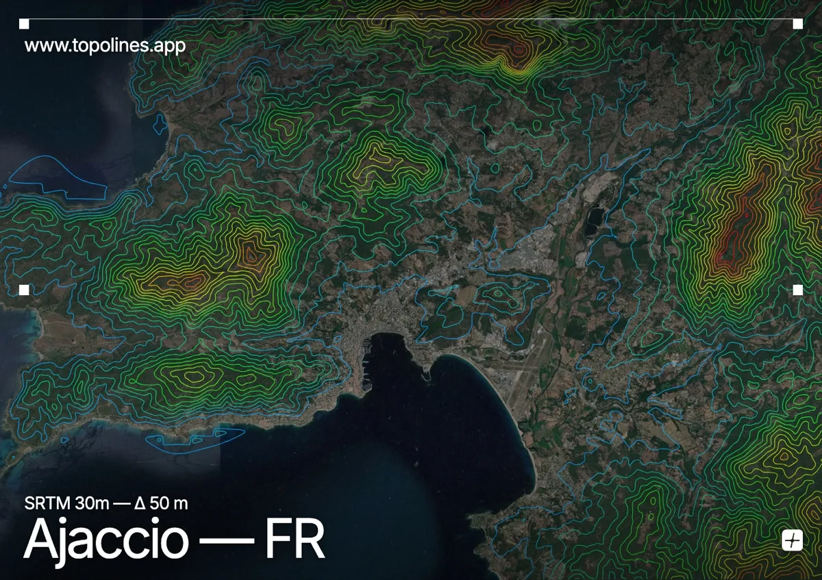 Topographic contour map of Ajaccio, showing Gulf of Ajaccio, Monte Gozzi, Punta Pozzo di Borgo