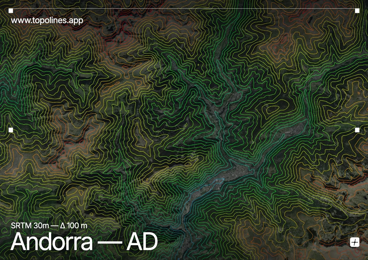 Topographic contour map of Andorra, showing Coma Pedrosa, Pyrenees, Valira valleys