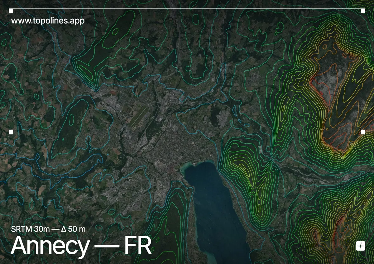 Topographic contour map of Annecy, showing Massif des Bauges, La Tournette, Semnoz