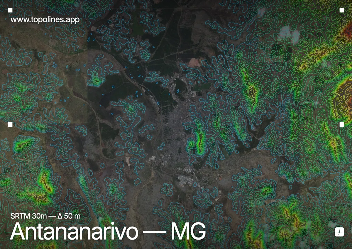 Topographic contour map of Antananarivo, showing Analamanga hills, Highland ridges, Ikopa plain