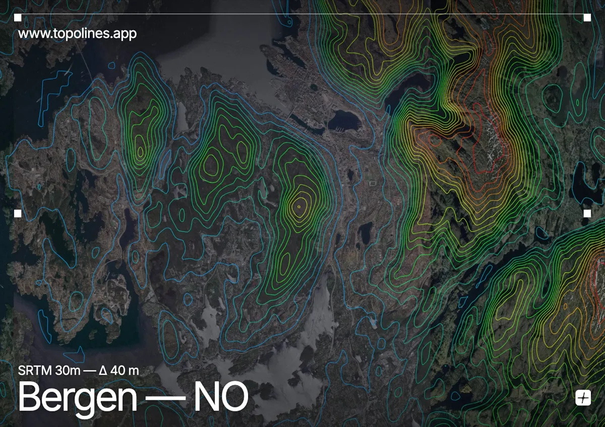 Topographic contour map of Bergen, showing Fløyen, Ulriken, Løvstakken