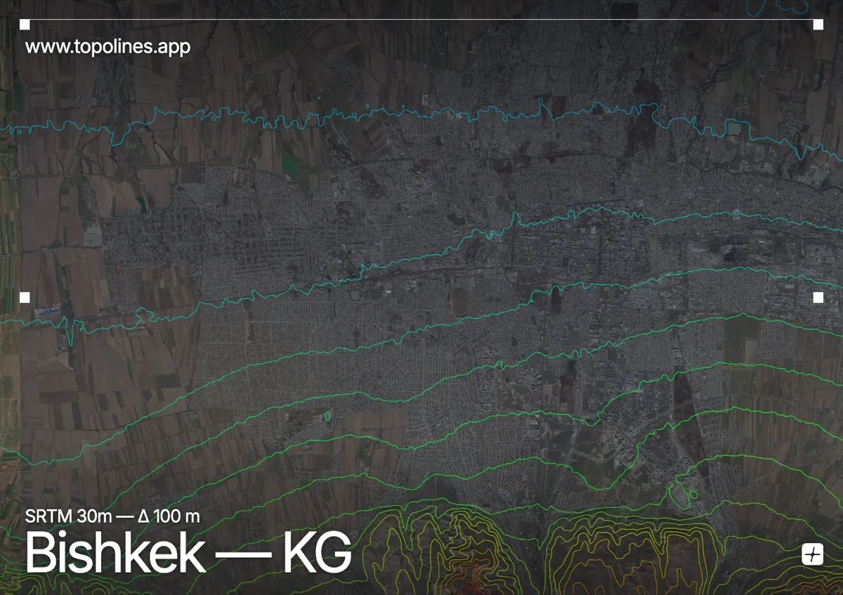 Topographic contour map of Bishkek, showing Kyrgyz Ala-Too, Tian Shan, Chuy valley