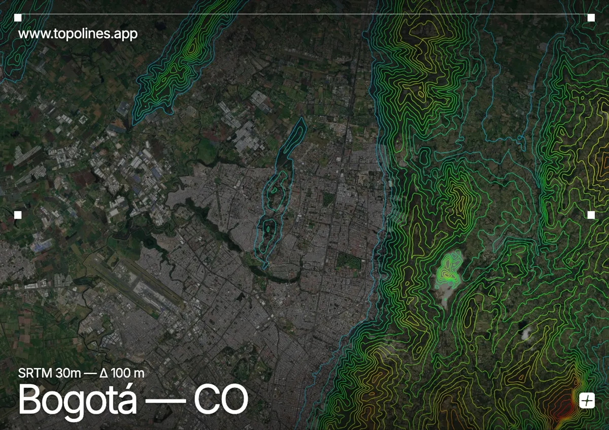 Topographic contour map of Bogotá, showing Cerros Orientales, Monserrate, Guadalupe