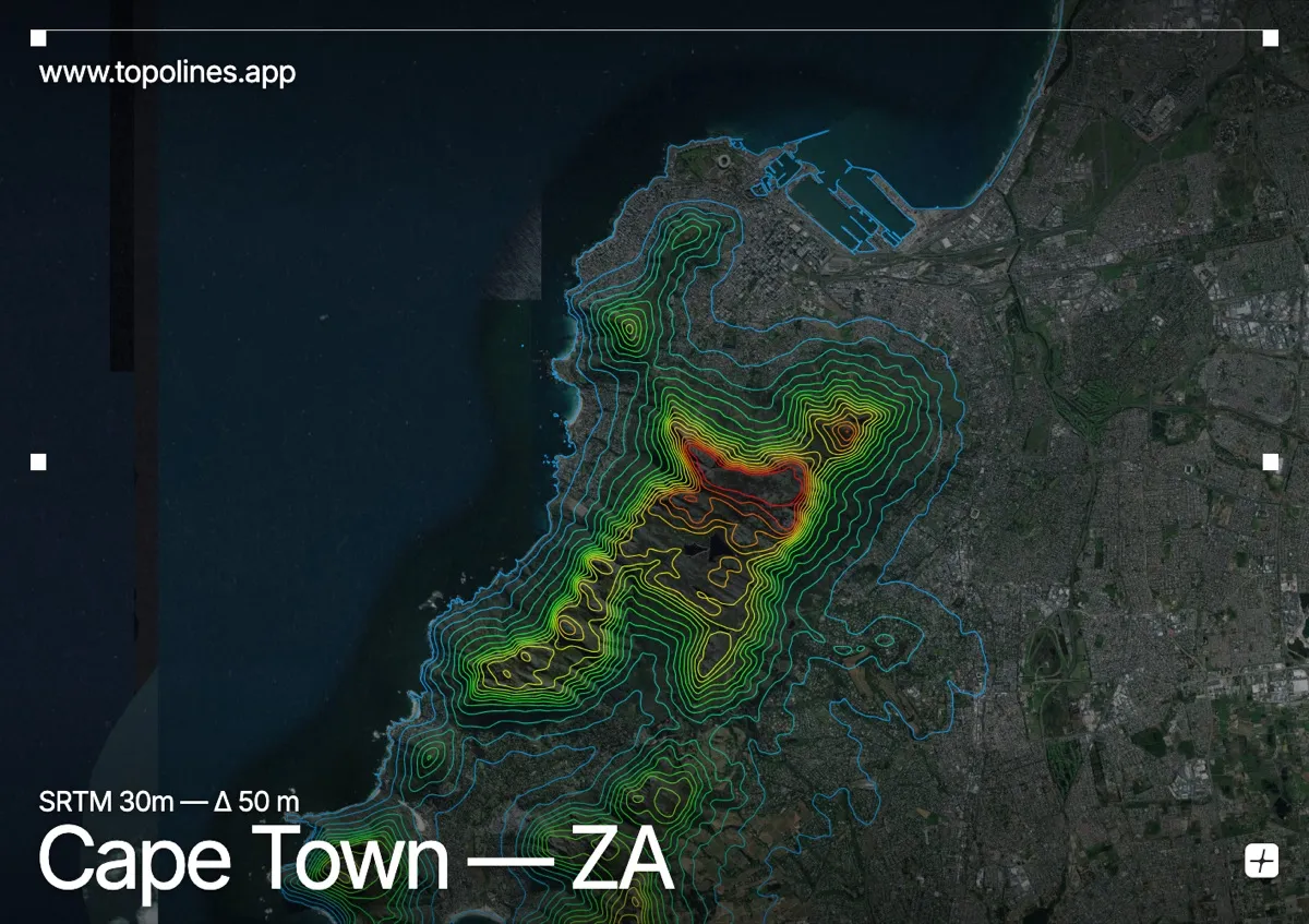 Topographic contour map of Cape Town, showing Table Mountain, Devil's Peak, Lion's Head