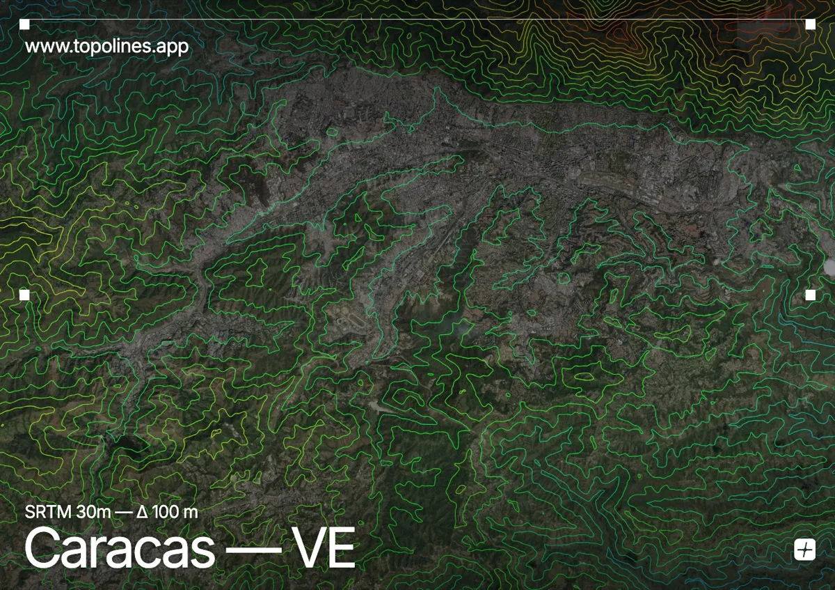 Topographic contour map of Caracas, showing El Ávila (Waraira Repano), Cordillera de la Costa, Caracas valley