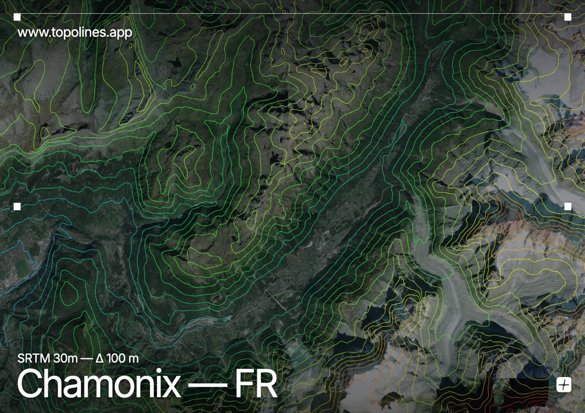 Topographic contour map of Chamonix, showing Mont Blanc, Aiguilles Rouges, Aiguille du Midi