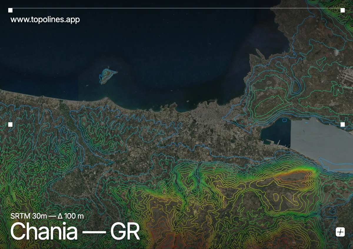 Topographic contour map of Chania, showing Lefka Ori (White Mountains), Akrotiri, Cretan coast