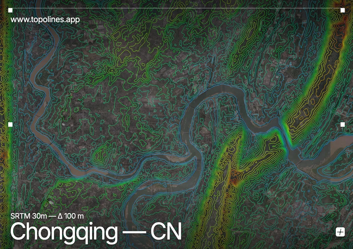 Topographic contour map of Chongqing, showing Zhongliang Mountains, Yangtze-Jialing confluence, Nan Mountains