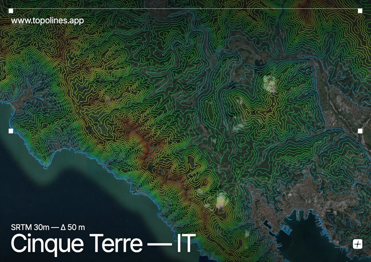 Topographic contour map of Cinque Terre, showing Monte Malpertuso, Ligurian coast ridge, Punta Mesco