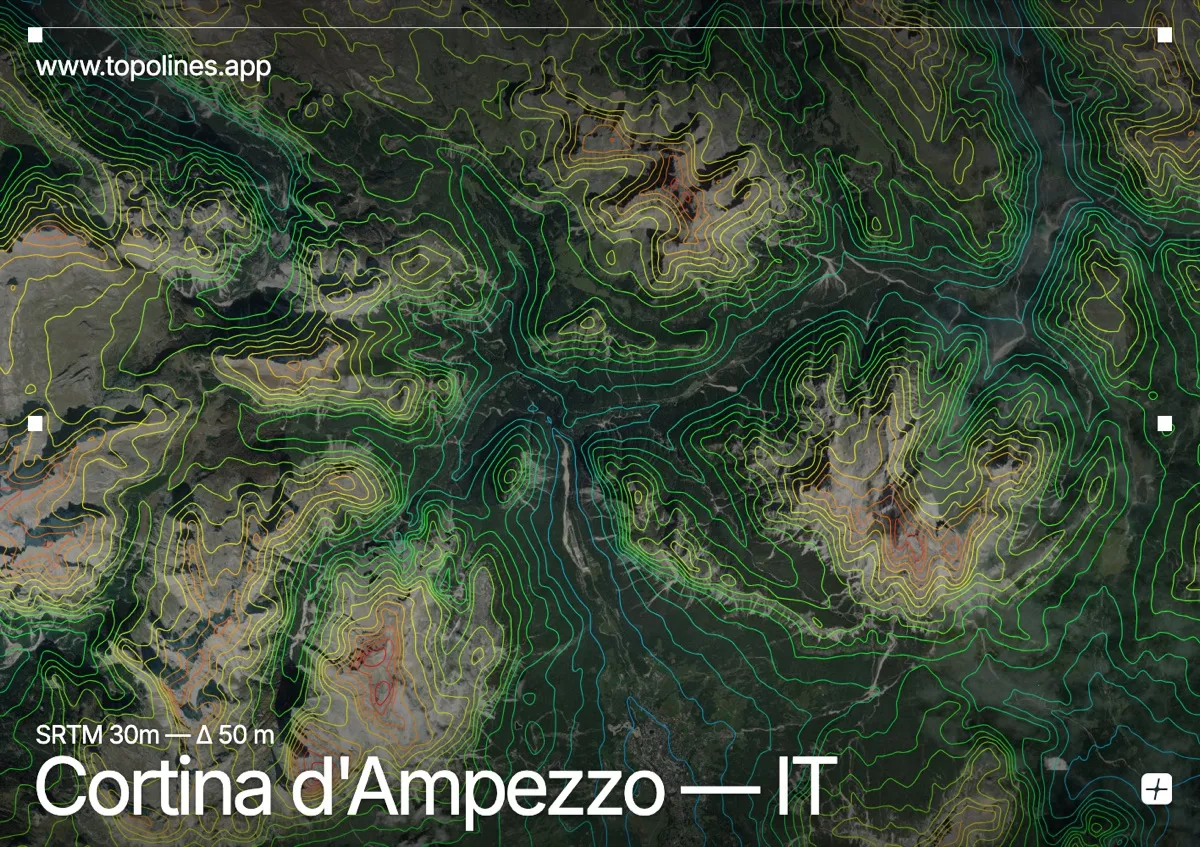 Topographic contour map of Cortina d'Ampezzo, showing Tofane, Tre Cime di Lavaredo, Croda da Lago, Pelmo, Sorapiss