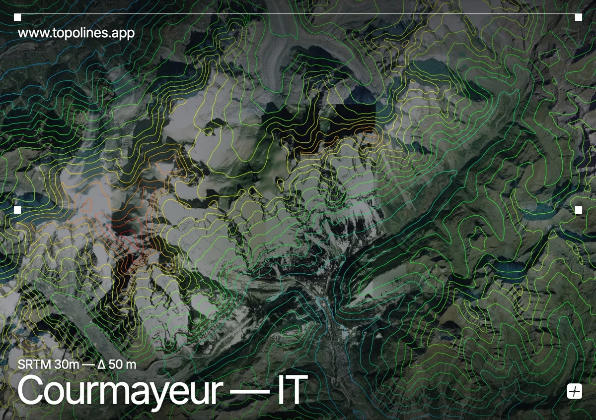 Topographic contour map of Courmayeur, showing Mont Blanc massif, Aiguilles Rouges, Val Veny