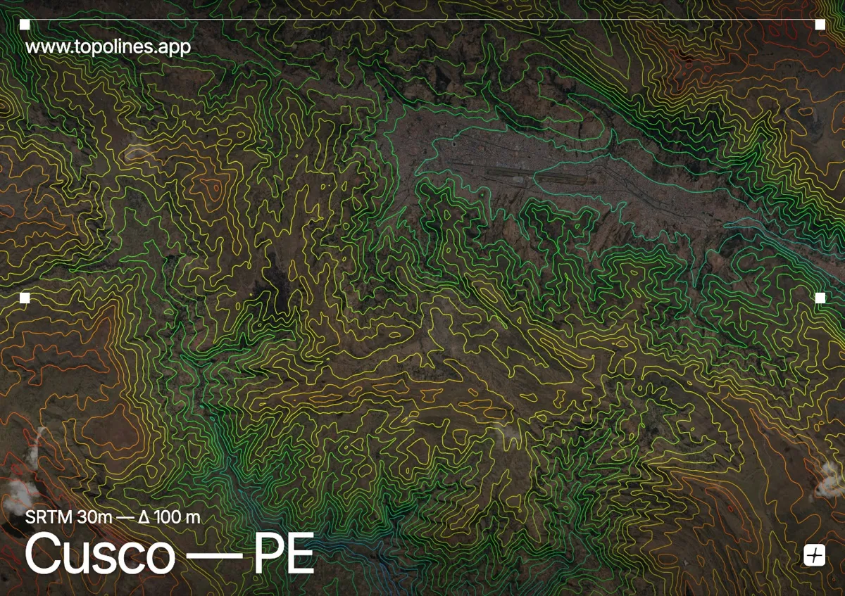 Topographic contour map of Cusco, showing Andes, Sacsayhuamán ridge, Huancaro valley