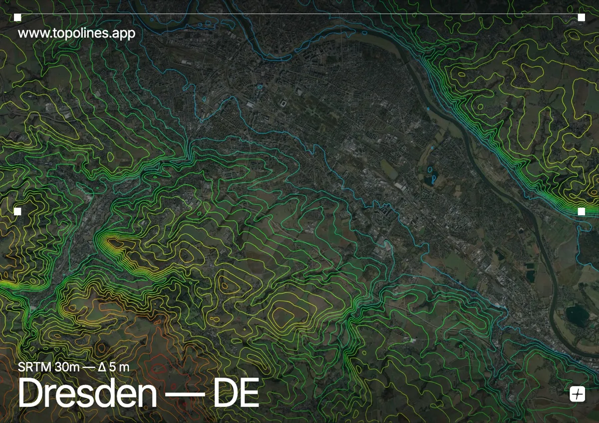 Topographic contour map of Dresden, showing Dresden Basin, Elbe Sandstone Mountains, Dresden Heath, Ore Mountains