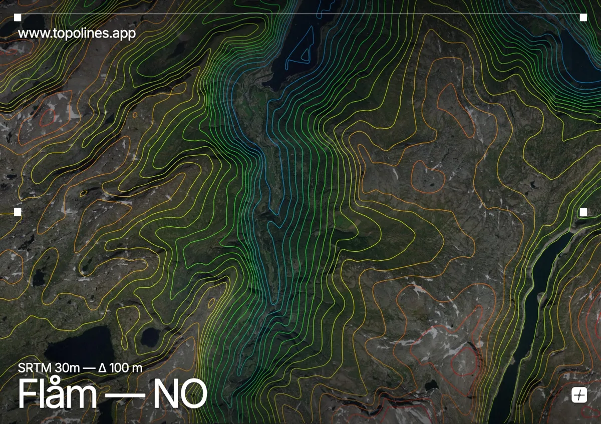 Topographic contour map of Flåm, showing Aurlandsfjord, Nærøyfjord, Flåmsdalen