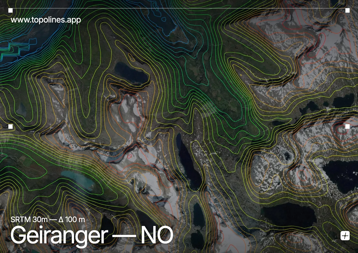 Topographic contour map of Geiranger, showing Geirangerfjord, Dalsnibba, Seven Sisters