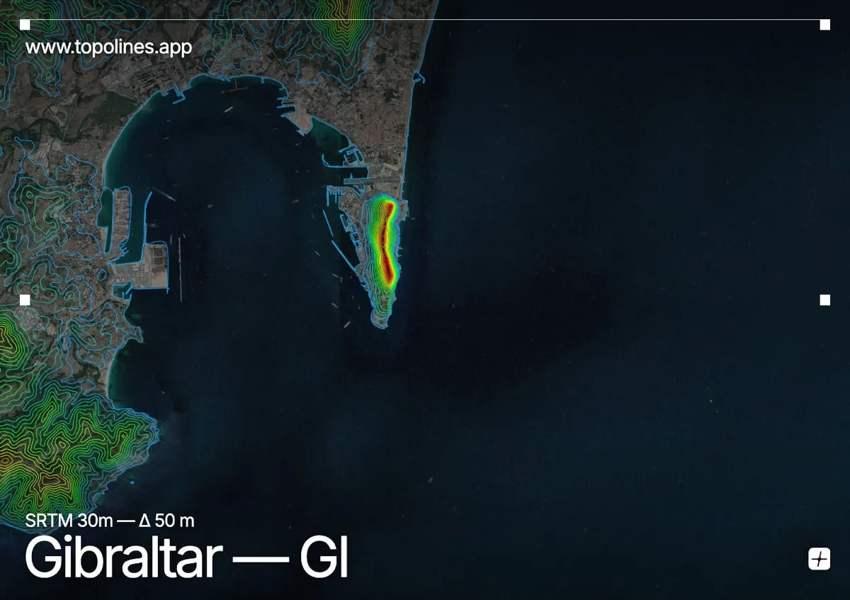 Topographic contour map of Gibraltar, showing Rock of Gibraltar, Sierra Carbonera
