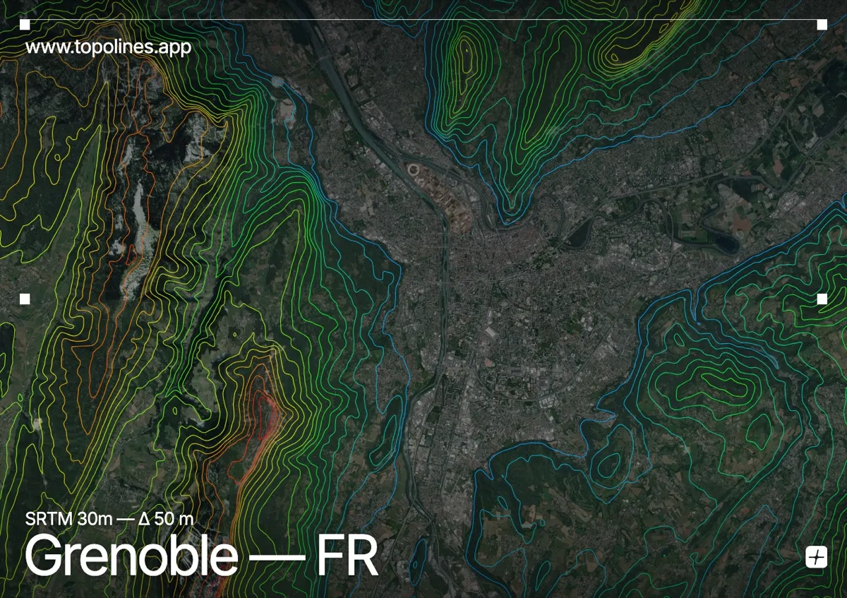 Topographic contour map of Grenoble, showing Vercors, Chartreuse, Belledonne