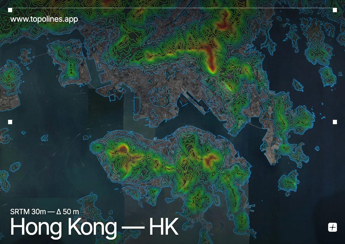 Topographic contour map of Hong Kong, showing Victoria Peak, Kowloon hills, Lion Rock