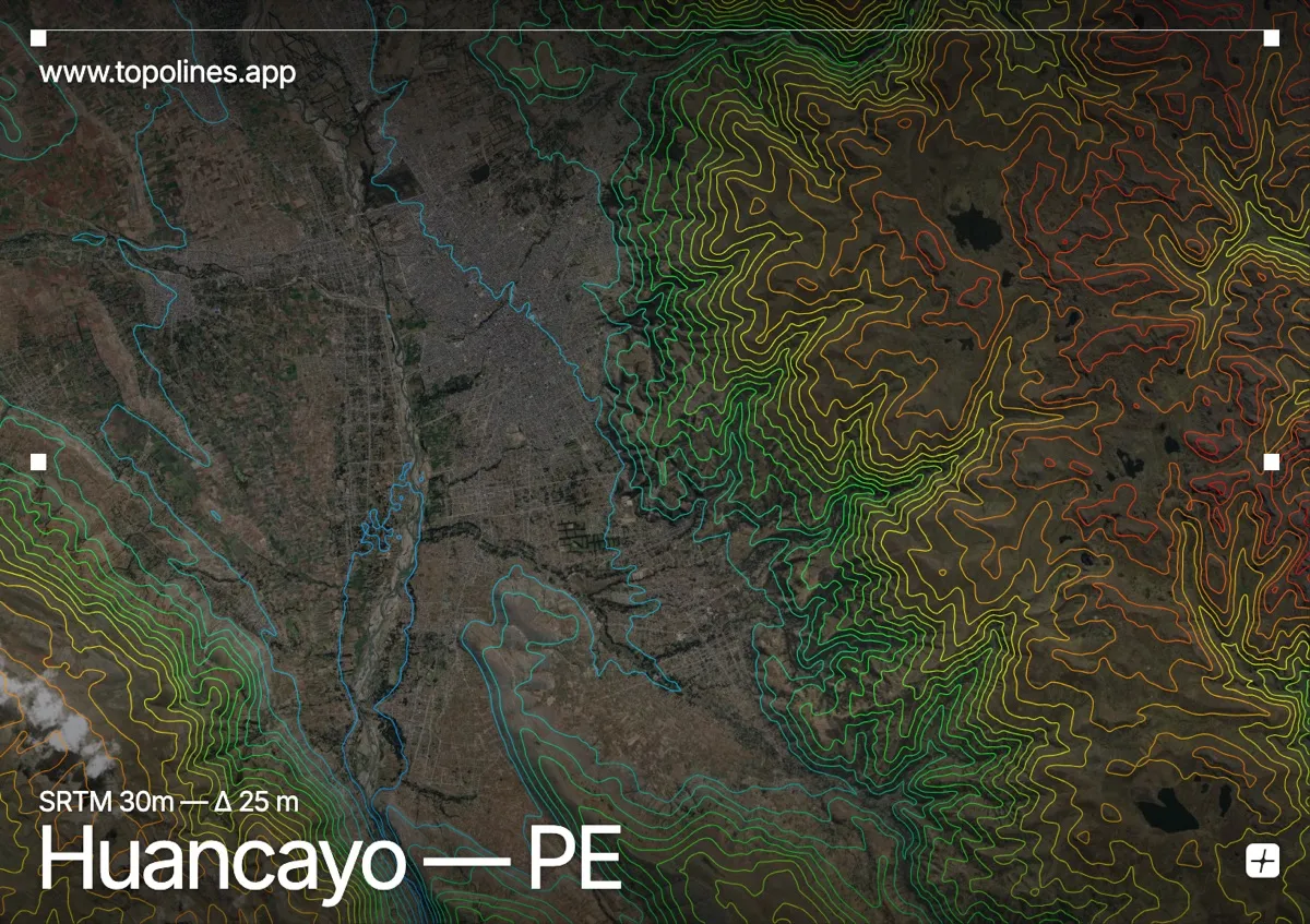 Topographic contour map of Huancayo, showing Cordillera Rumi Cruz, Cerro San Cristóbal, Mantaro Valley