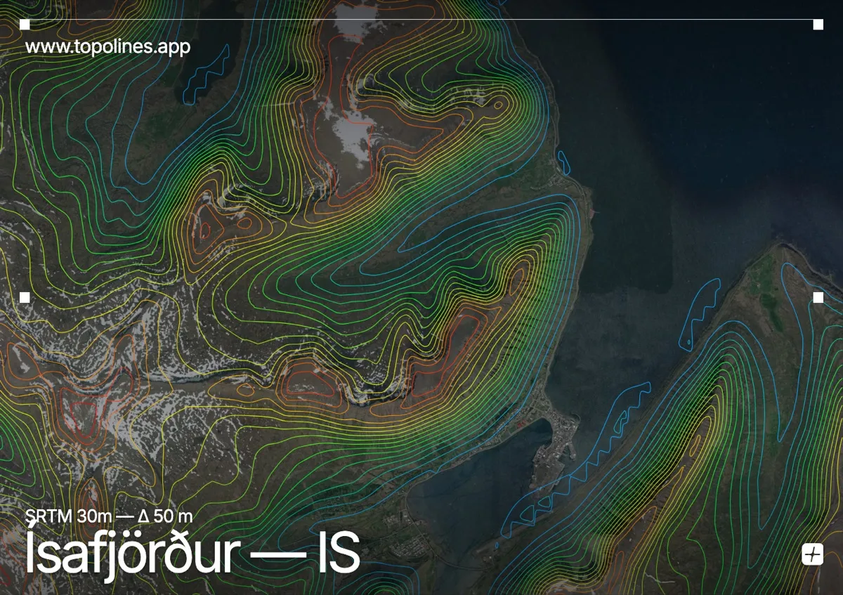 Topographic contour map of Ísafjörður, showing Westfjords plateaux, Ísafjarðardjúp, Eyrarfjall