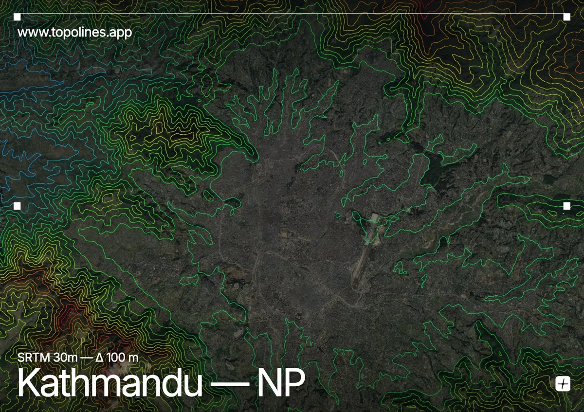 Topographic contour map of Kathmandu, showing Shivapuri, Phulchowki, Kathmandu Valley rim