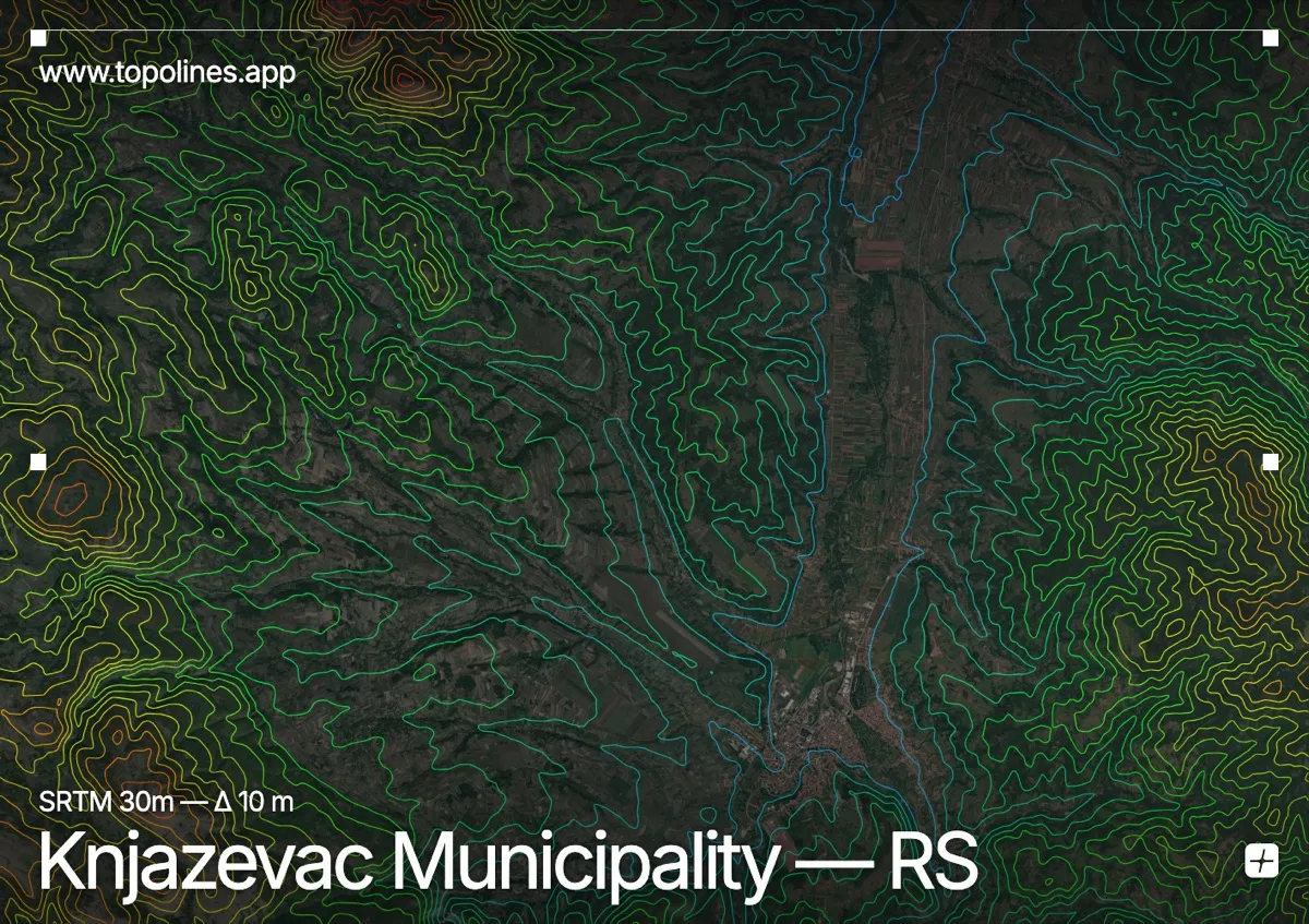 Topographic contour map of Knjaževac, showing Kučaj, Stara Planina