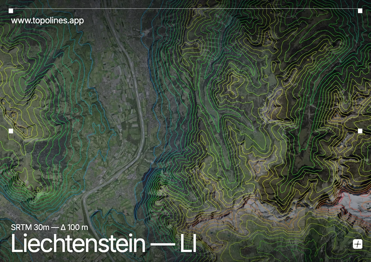 Topographic contour map of Liechtenstein, showing Rätikon, Grauspitz, Rhine valley