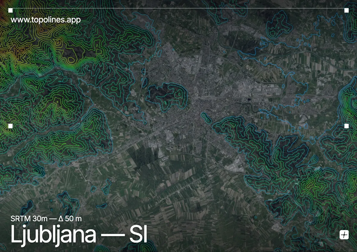 Topographic contour map of Ljubljana, showing Šmarna Gora, Kamnik Alps (backdrop), Ljubljana Marsh