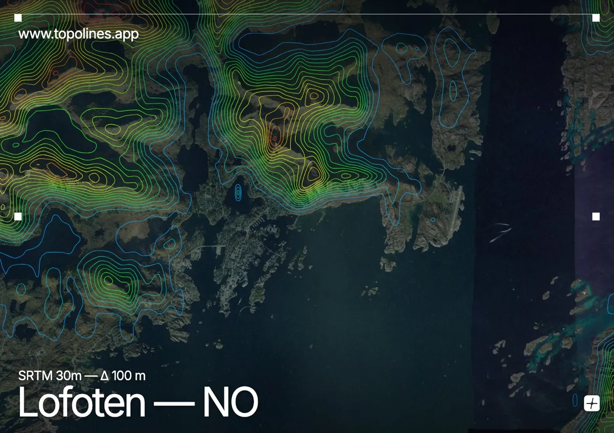 Topographic contour map of Lofoten, showing Lofoten Wall, Vågakallen, Austvågøya