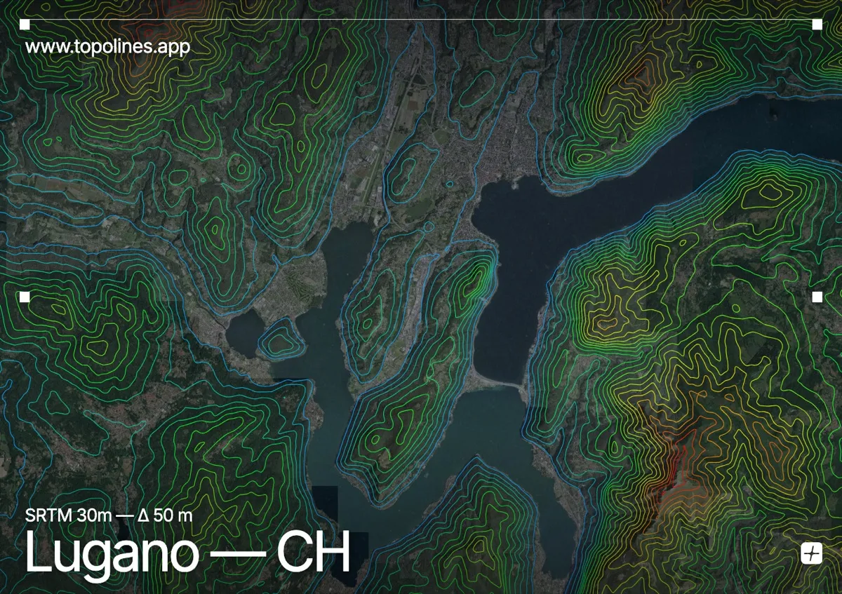 Topographic contour map of Lugano, showing Monte Brè, Monte San Salvatore, Monte Generoso