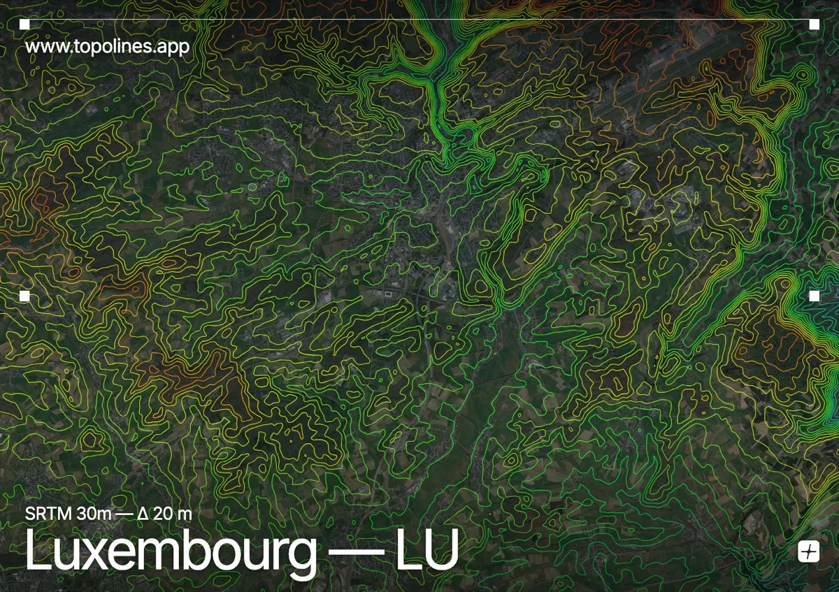 Topographic contour map of Luxembourg, showing Alzette gorge, Pétrusse valley, Gutland plateau
