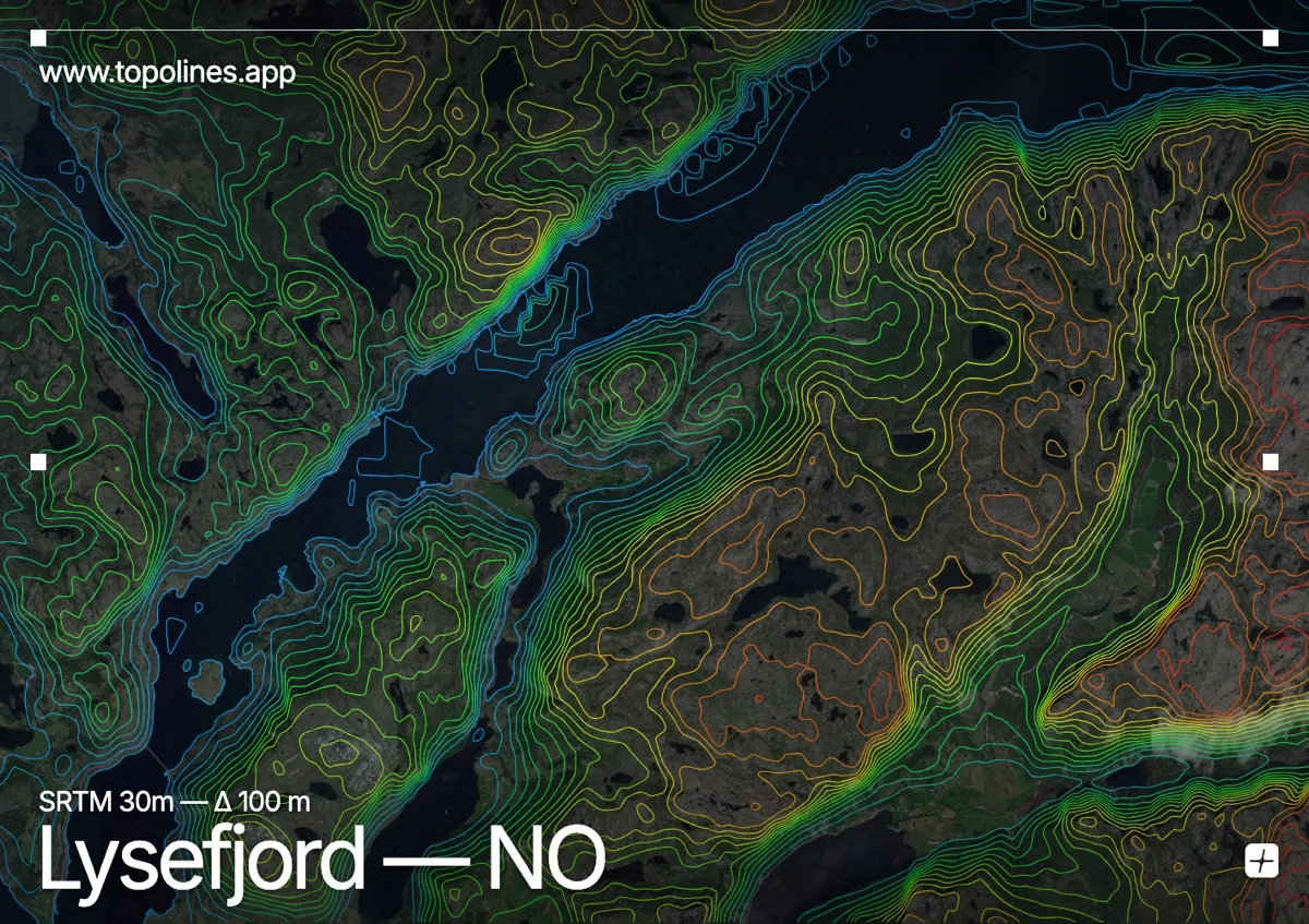 Topographic contour map of Lysefjord, showing Lysefjord, Preikestolen, Kjerag