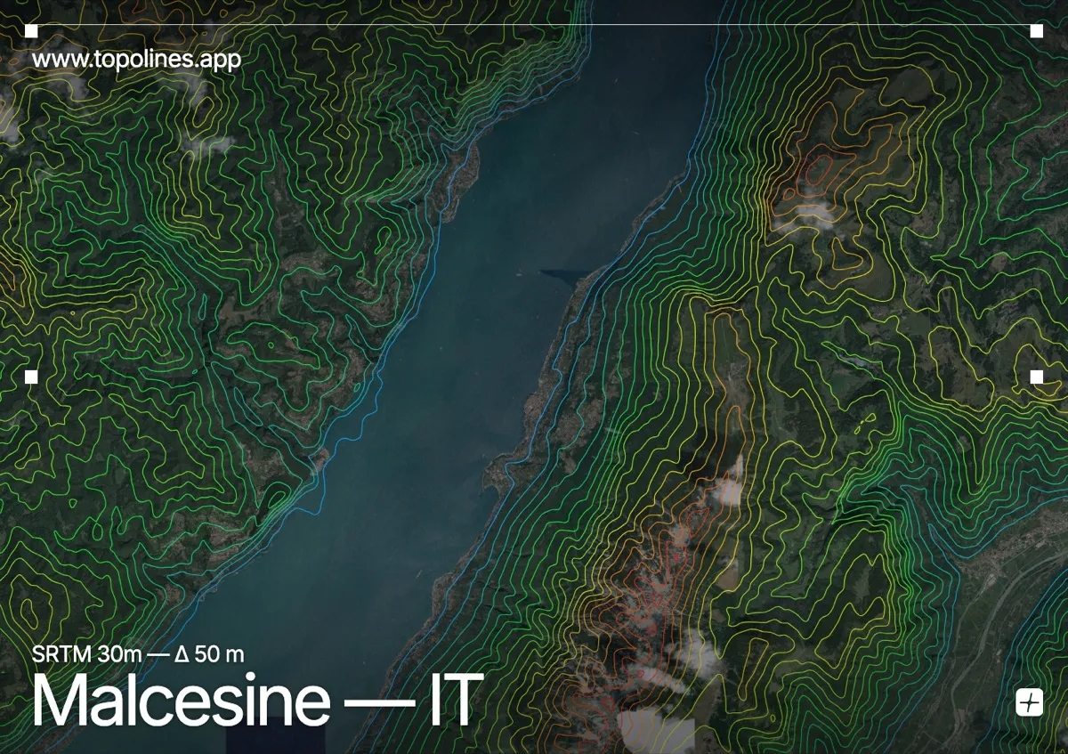 Topographic contour map of Malcesine, showing Monte Baldo, Garda shoreline, Veronese hills