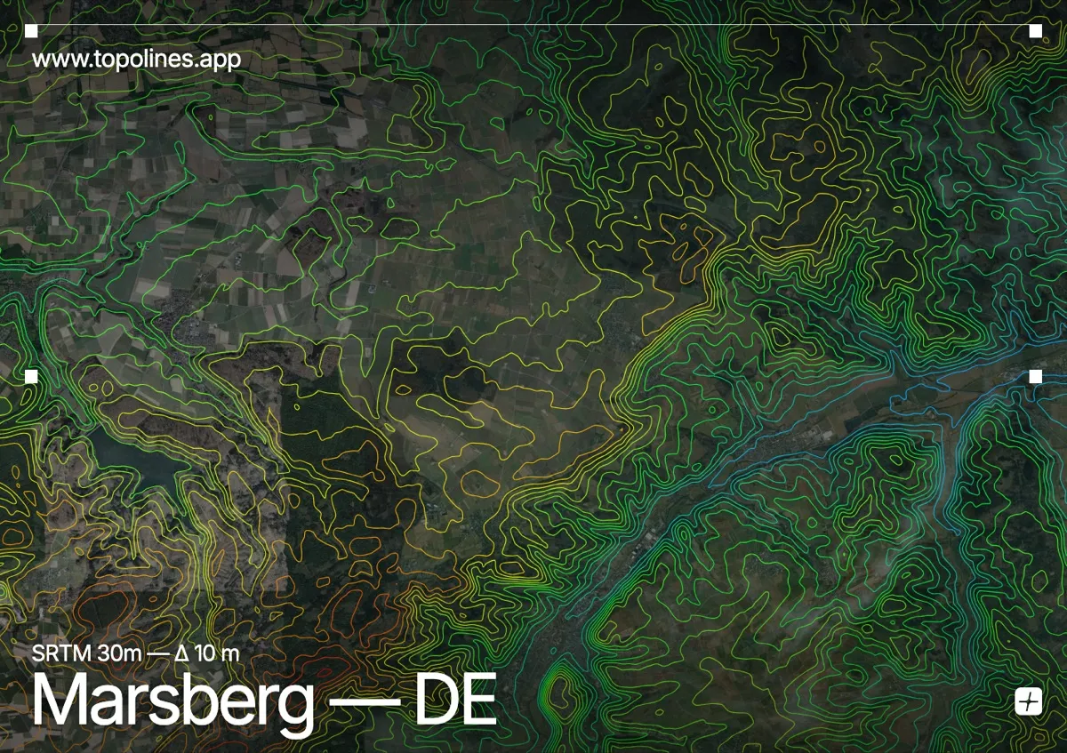 Topographic contour map of Marsberg, showing Diemel valley, Sauerland hills, Eggegebirge