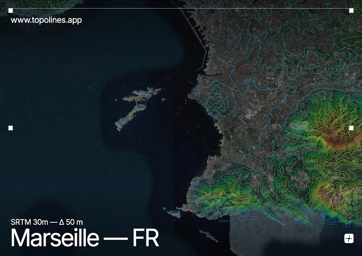 Topographic contour map of Marseille, showing Calanques, Massif de l'Étoile, Garlaban