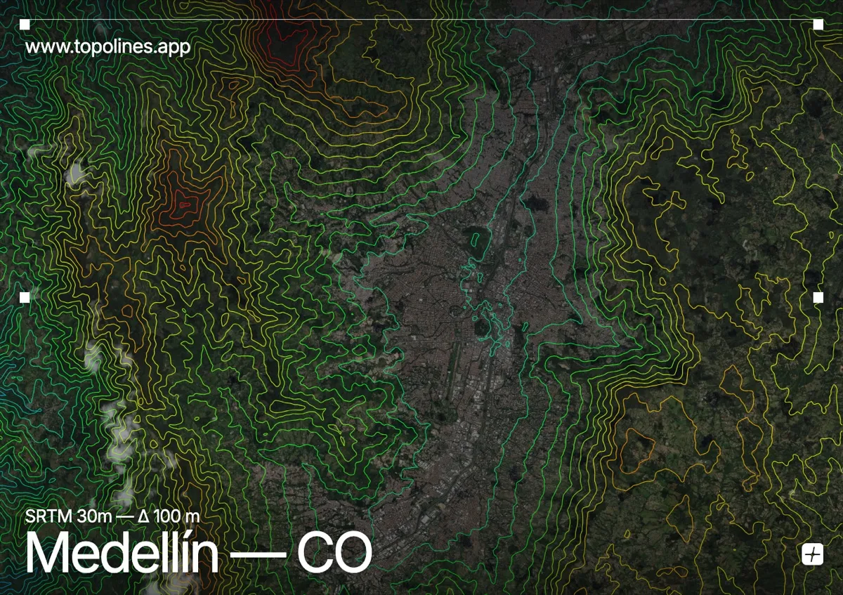 Topographic contour map of Medellín, showing Aburrá valley, Central Cordillera