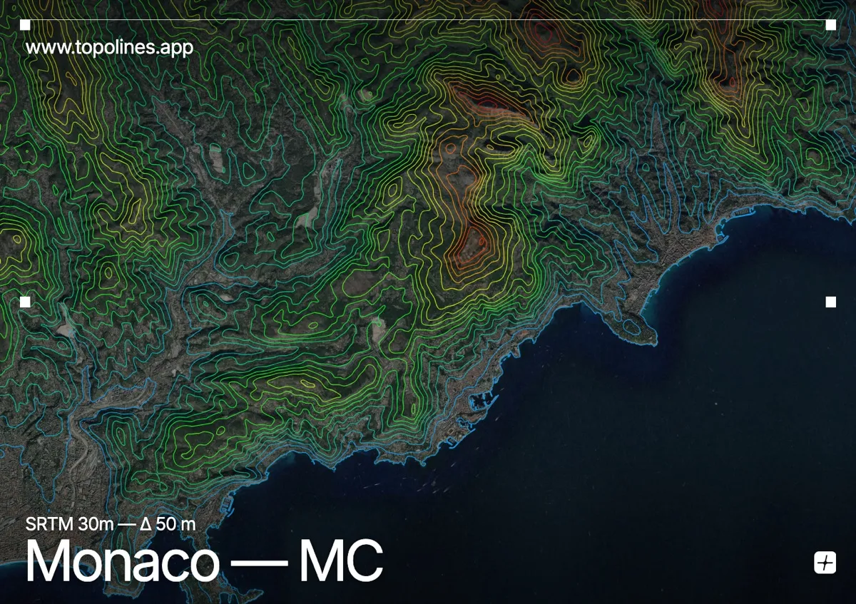 Topographic contour map of Monaco, showing Tête de Chien, Mont Agel, Maritime Alps
