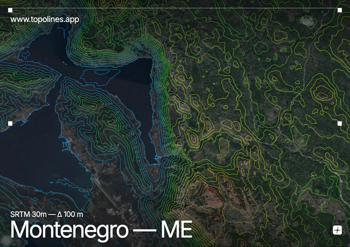 Topographic contour map of Montenegro, showing Orjen, Lovćen, Bay of Kotor