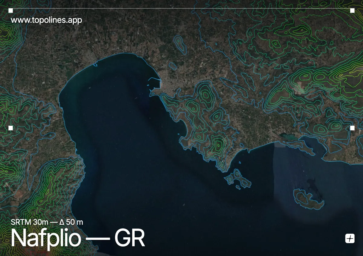 Topographic contour map of Nafplio, showing Palamidi, Arachnaio, Argolic Gulf
