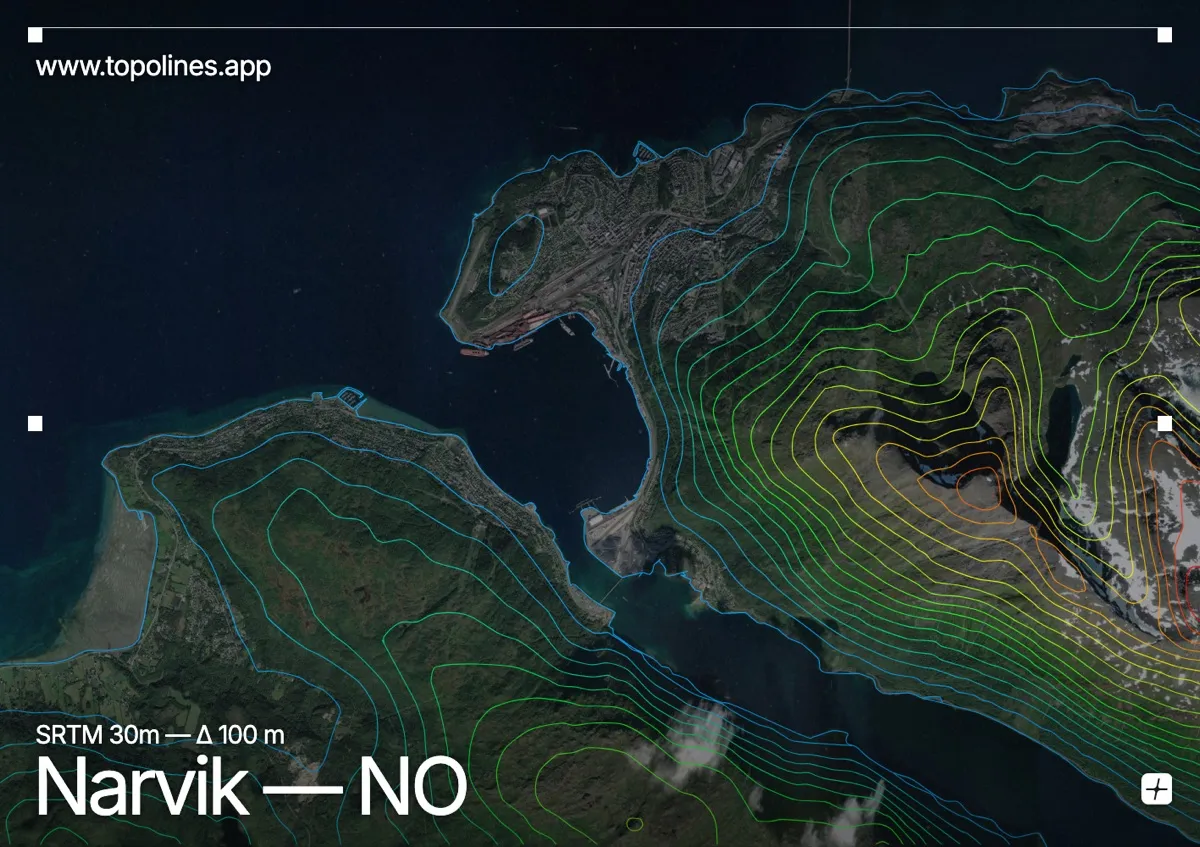 Topographic contour map of Narvik, showing Ofotfjord, Narvikfjellet, Beisfjord peaks