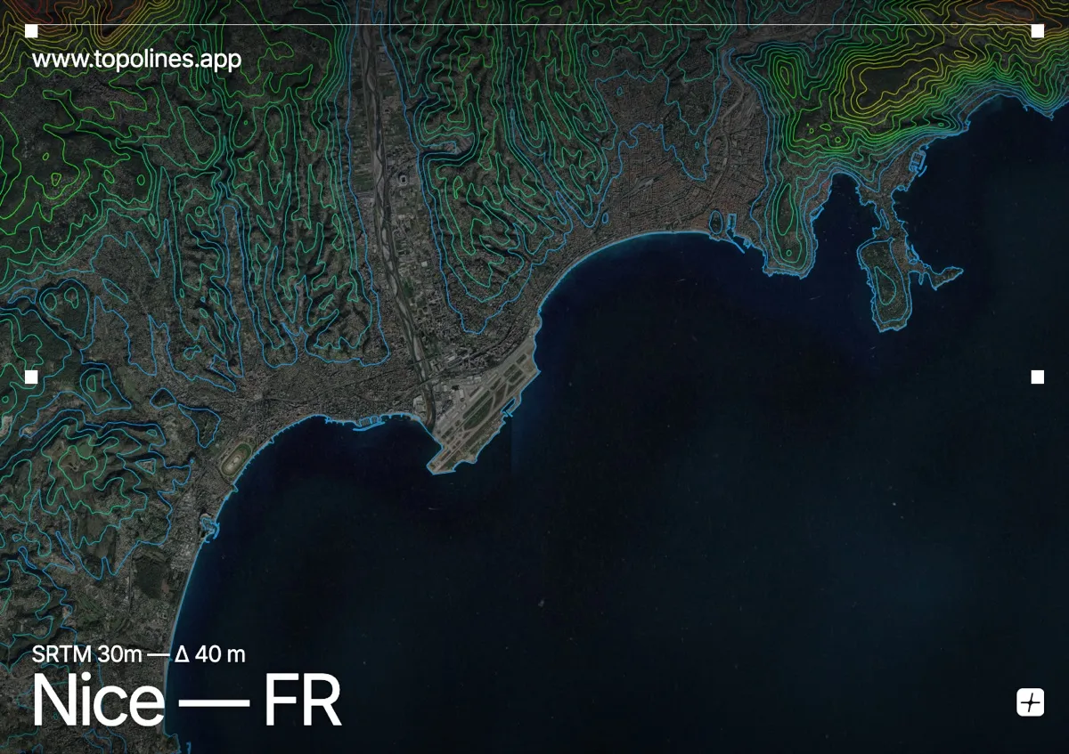 Topographic contour map of Nice, showing Pre-Alps of Nice, Mont Chauve, Var valley