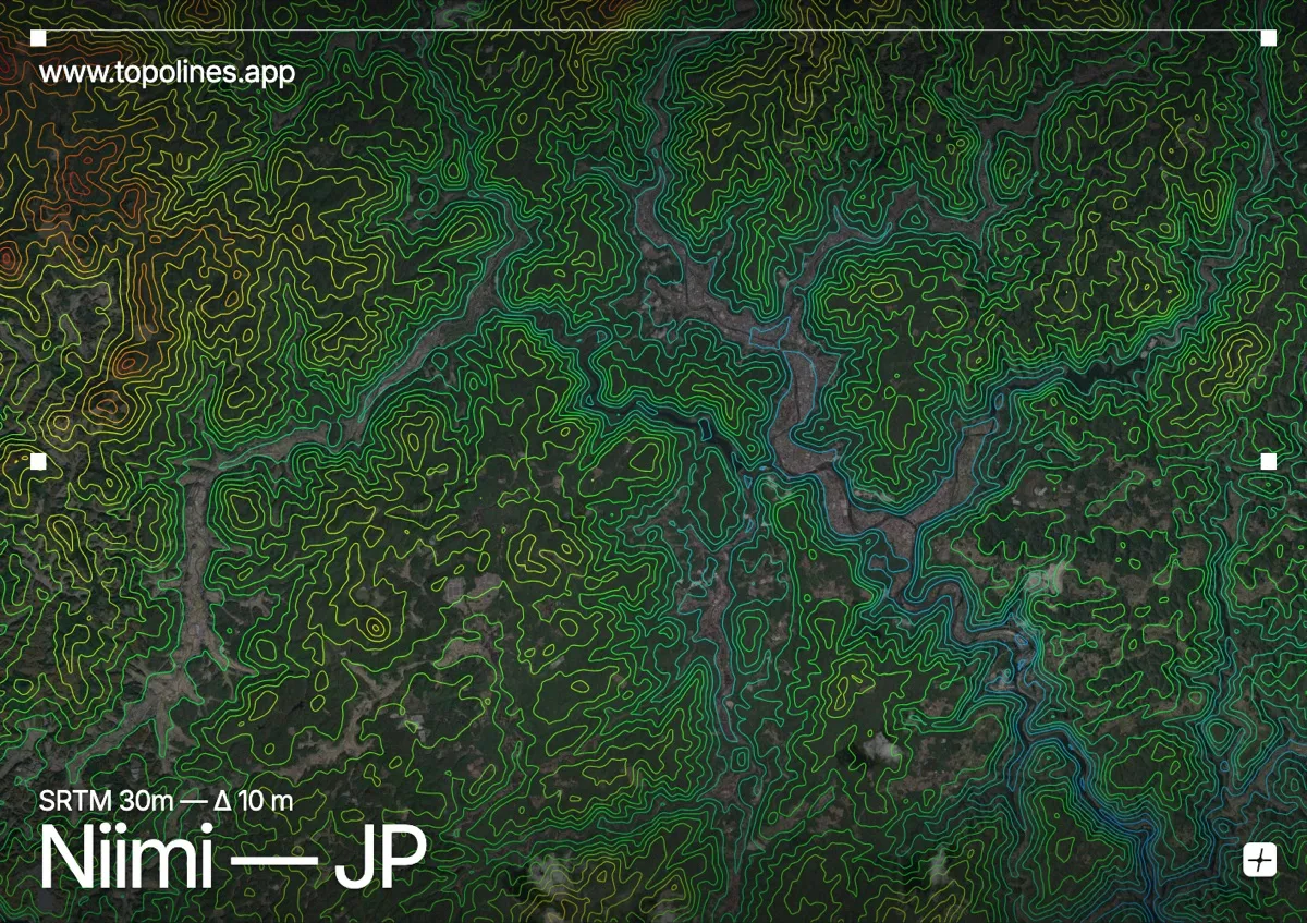 Topographic contour map of Niimi, showing Bitchū Mountains, Chūgoku Mountains