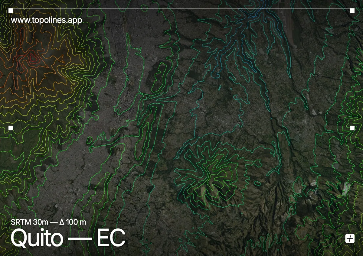 Topographic contour map of Quito, showing Pichincha, Andes, Panecillo