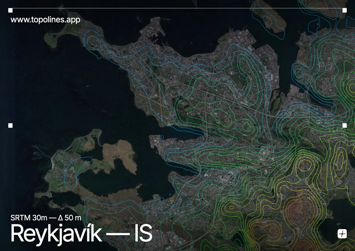 Topographic contour map of Reykjavík, showing Mount Esja, Faxaflói bay, Bláfjöll