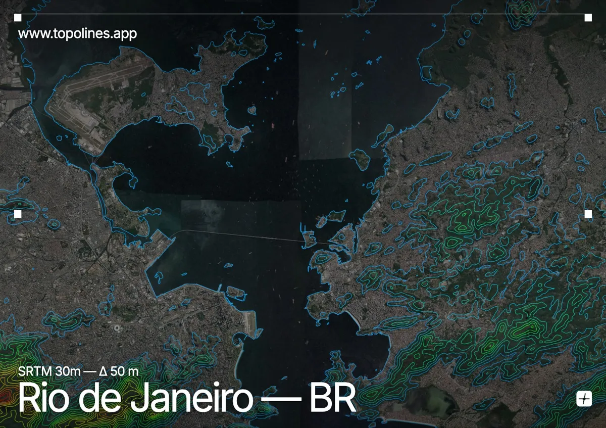 Topographic contour map of Rio de Janeiro, showing Tijuca massif, Corcovado, Sugarloaf