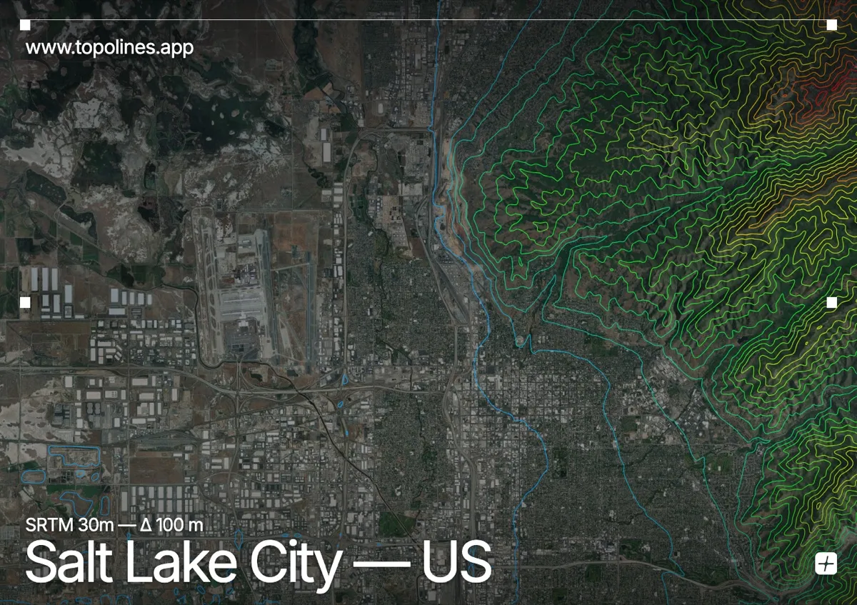 Topographic contour map of Salt Lake City, showing Wasatch Range, Mount Olympus, Salt Lake valley