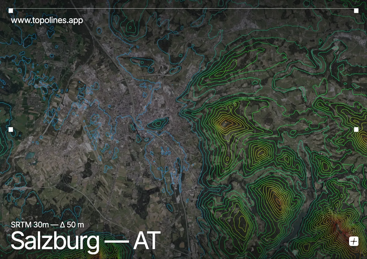 Topographic contour map of Salzburg, showing Untersberg, Gaisberg, Kapuzinerberg