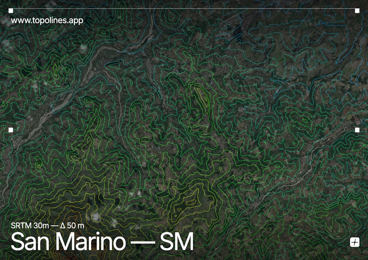 Topographic contour map of San Marino, showing Monte Titano, Apennine foothills