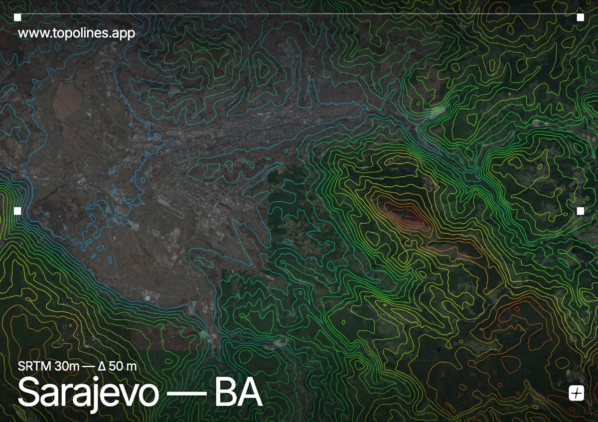 Topographic contour map of Sarajevo, showing Trebević, Bjelašnica, Igman